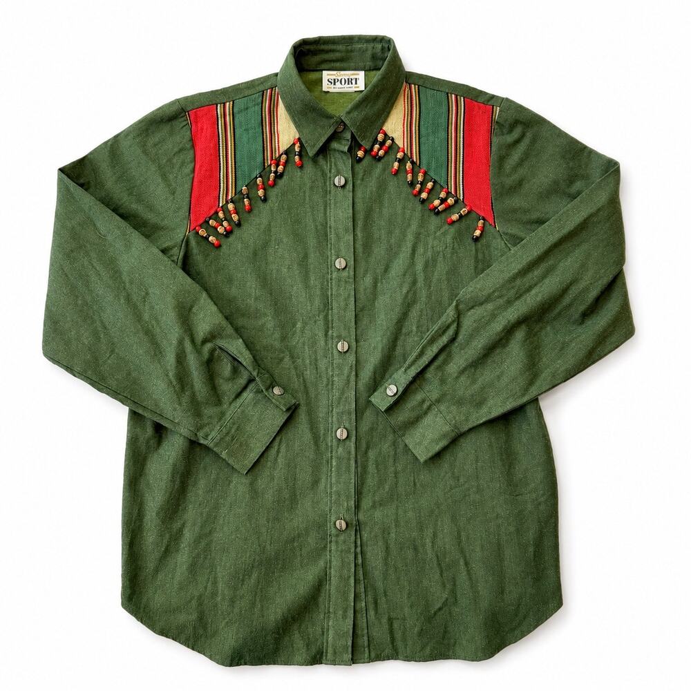Vintage Sunny South Sport Green Beaded Fringe Shirt Tribal Indian Inspired